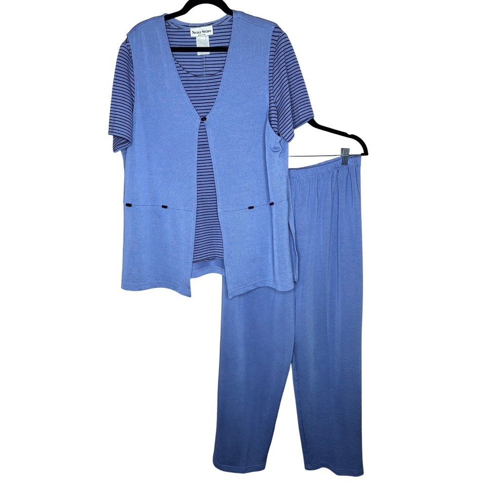 Nicole Studio VTG Women's Size 18 Purple 3 Piece Knit Pant Set Top Vest Cottage